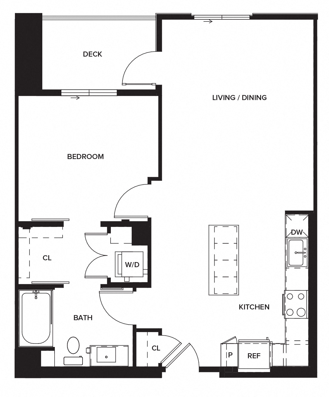 Floor plan for 1 bed, 1 bath, 793 sqft